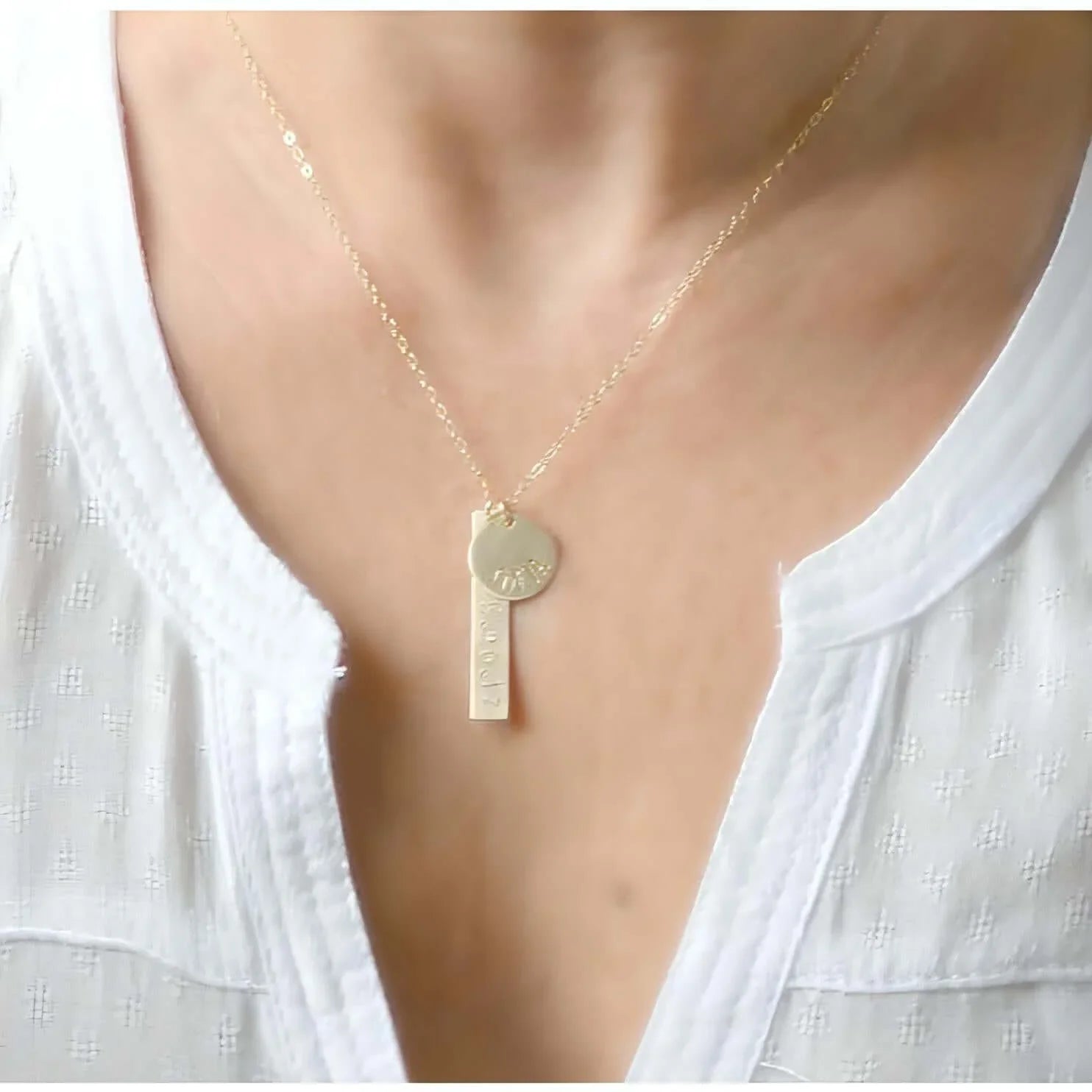 Silver Disc and Bar Initials Necklace-Deluxur